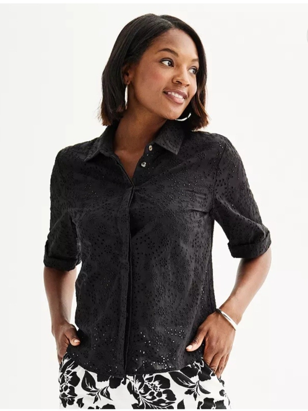 Draper James Women's Black Eyelet Button-Down Shirt Size XXL